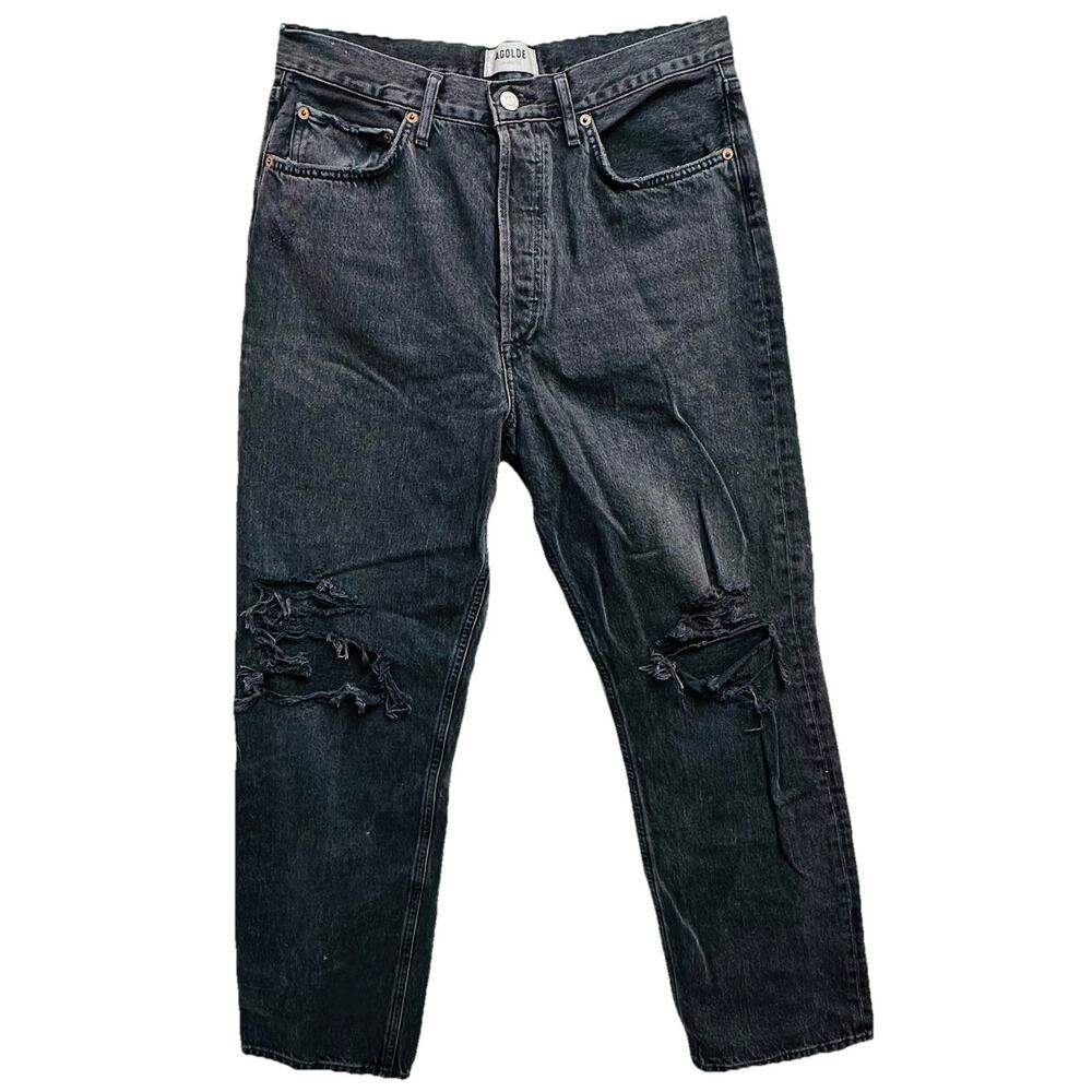 Agolde Woman’s Cotton 90’s Straight Jeans Washed Black Size 29 Distressed Grunge